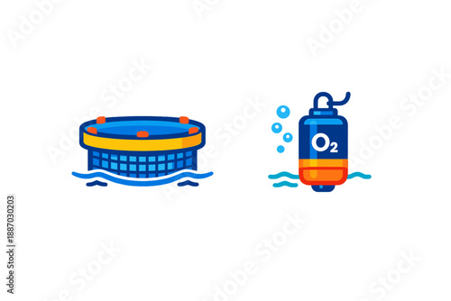 Illustration of a circular swimming pool and a scuba diving tank in a water setting with bubbles around