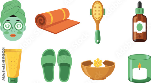 Spa and Wellness Icon Set with Skincare Accessories Towels Slippers Candles and Beauty Treatment Elements