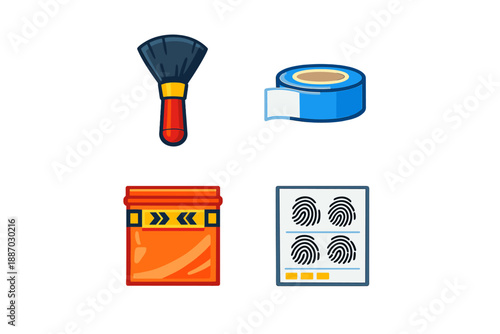 Tools used for forensic analysis including a brush, tape, collection kit, and fingerprint cards seen on a flat surface