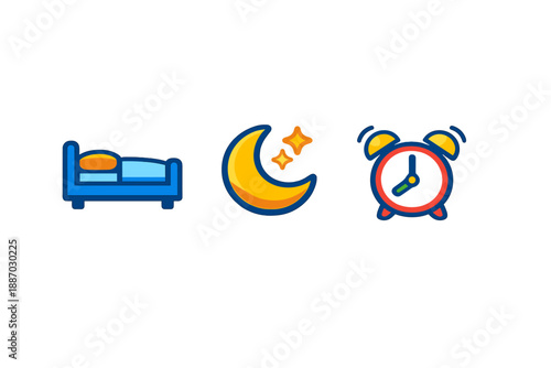 Sleep schedule shows a bed, a moon, and an alarm clock on a plain background indicating bedtime and wake-up time for good rest