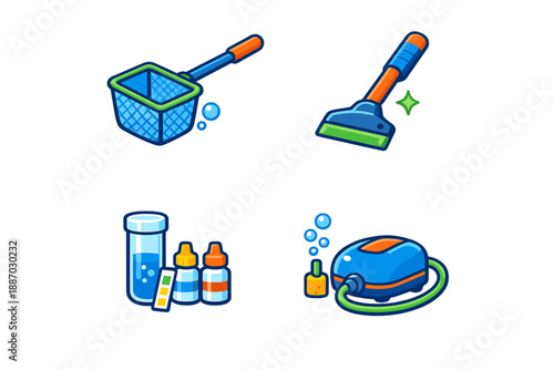 Various cleaning tools and supplies for maintaining pools, including a skimmer, brush, test kits, and a vacuum, arranged on a white background during daytime