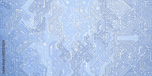 Abstract blue background with intricate circuit board pattern and technological details