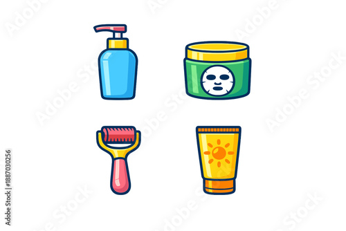 Collection of skincare products arranged on a white surface showing various types of containers and tools for personal care routines