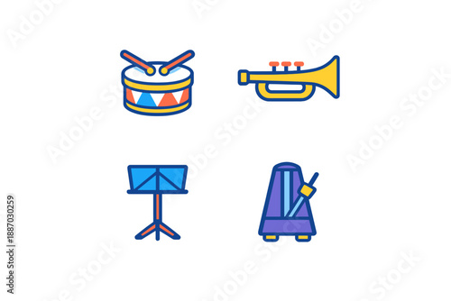 Different musical instruments presented on a white background showing a drum, trumpet, music stand, and metronome in a simple arrangement for educational use