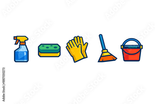 Cleaning supplies for household chores and tasks used in various locations such as homes, offices, and public spaces during any time of the day