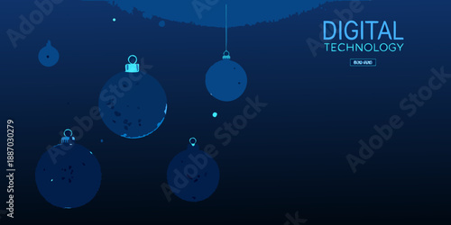 Digital christmas ornaments hanging in a dark blue abstract technological background