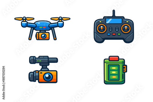 Different kinds of tech gadgets used for aerial activities and recording videos, showcasing designs of a drone, a controller, a camera, and a battery