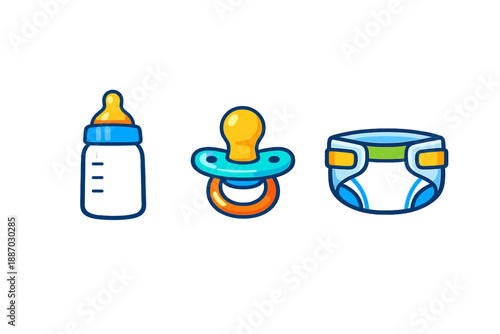 Objects used for baby care on a white background showing a baby bottle, a pacifier, and a diaper in a simple arrangement with no distractions around