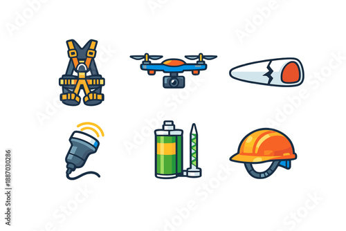 Safety gear and tools for construction work including a harness, drone, light, battery, fastener, and helmet in a simple arrangement for clear display