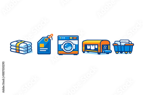 Laundry activities and items related to washing clothes and organizing laundry services at a laundromat or home