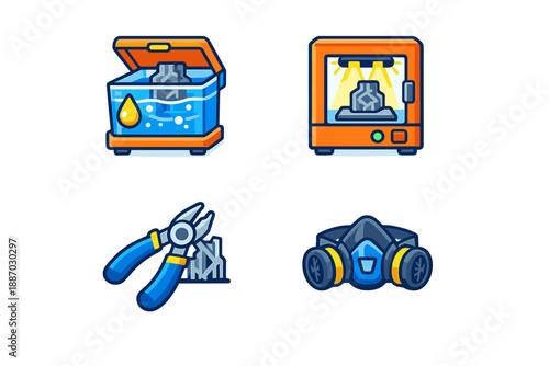 Different tools and equipment for 3D printing and material processing displayed on a simple background