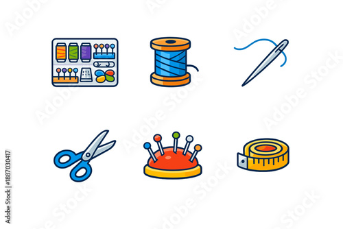 Collection of sewing tools including thread, needle, scissors, and measuring tape on a plain background for crafting tasks and projects