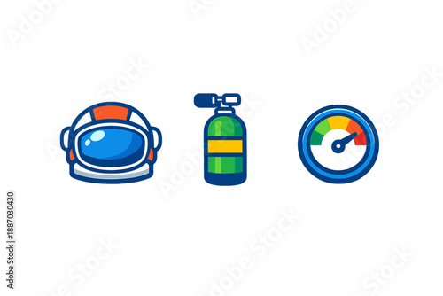 Different space equipment including a helmet, oxygen tank, and pressure gauge is shown in a graphic design in a simple style