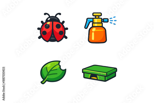 Insect control tools with ladybug, spray bottle, leaf, and box for gardening