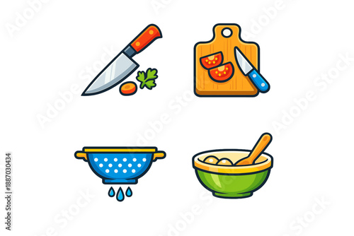 Various kitchen tools are shown with vegetables and a bowl on a simple background, highlighting the preparation process for a meal or cooking activity