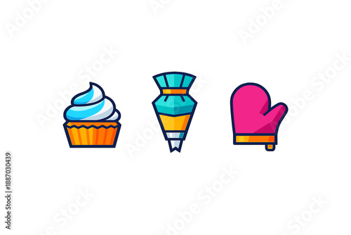 Cupcake, piping bag, and oven mitt illustrated together in a colorful design for baking enthusiasts in a creative setting