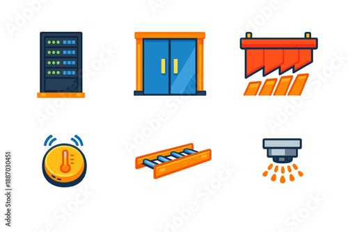 Icons representing technology tools used in a data center environment during daytime with focus on security and control systems