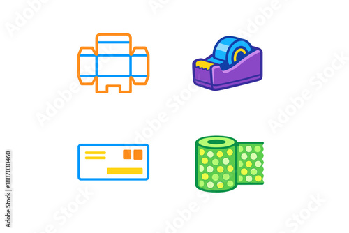 Different types of tools for packaging and shipping materials arranged in a grid format with a plain background