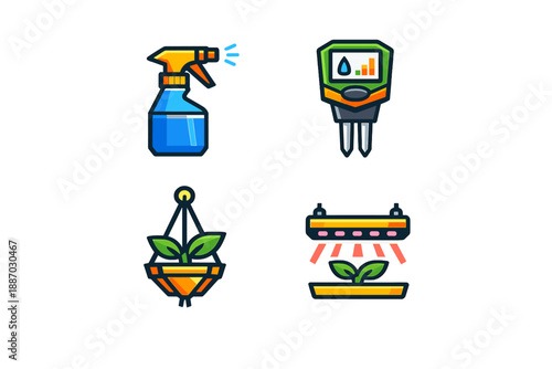 Tools and equipment for indoor gardening including a spray bottle, moisture meter, plant hanger, and grow light displayed on a plain background