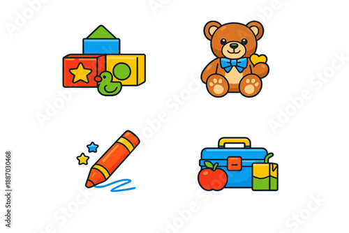 Colorful toys and school items arranged on a white background showing blocks, a teddy bear, a crayon, and a lunchbox