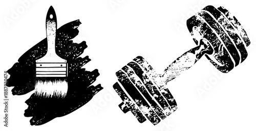 Paintbrush and Dumbbell Symbols for Art and Fitness