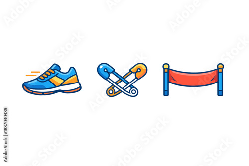 Running shoes are ready for a race with safety pins and a finish line banner nearby at a running event