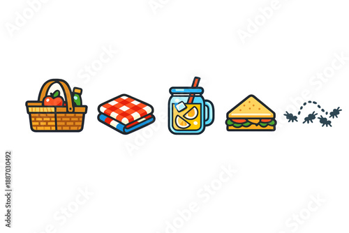 Gathering items for a picnic in a park with food, drinks, and a blanket in the afternoon sun while enjoying the outdoors with friends and family