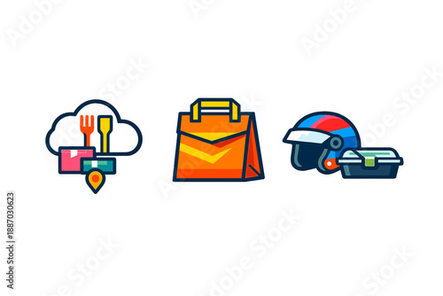 Delivery service icons showing food, bags, and helmets in a modern design for technology-based food delivery during busy hours
