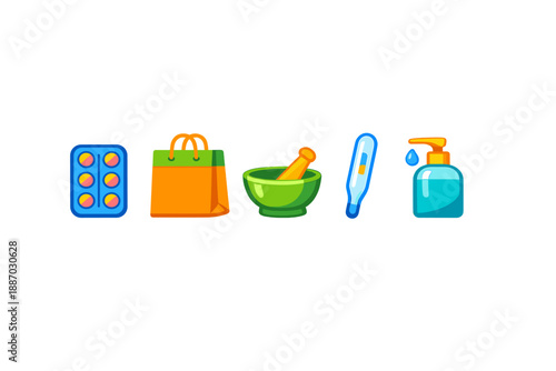 Various health and wellness items shown in simple design, including medicine, a shopping bag, a bowl and pestle, a thermometer, and a bottle with pump