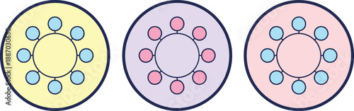 Network hub connection icon set in pastel circular badges showing communication, collaboration, and data relationships