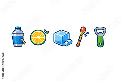 Mixing drinks with a shaker, lemon slice, ice cubes, stirring stick, and bottle opener for a fun beverage preparation activity