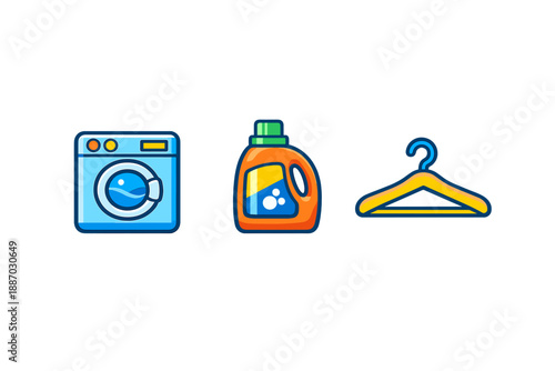 Washer, detergent, and hanger are shown together in a simple design to represent laundry tasks in a domestic setting