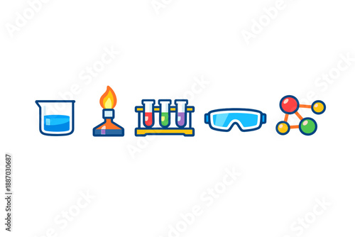 Icons of science activities and tools for experiments with lab equipment in a clear arrangement suited for educational materials