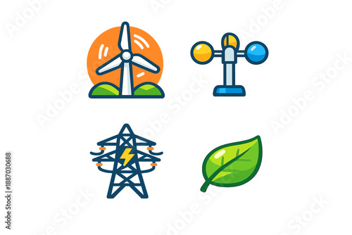 Symbols of renewable energy with wind turbine, weather vane, power lines, and leaf representing clean energy in an eco-friendly graphic