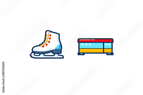 Ice skate and bench on a white background in a graphic design layout meant for winter sports illustration and branding at a skating rink