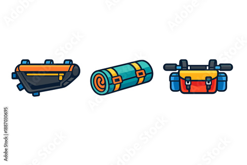 Variety of camping gear including a dry bag, sleeping bag, and cooler bag for outdoor activities during camping trips