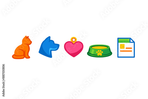 Icons show a cat, dog, heart, pet bowl, and document representing pets and their care