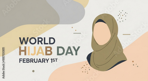 World hijab day illustration with woman wearing green hijab and text