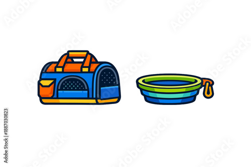 Travel bag and bowl for pets placed on a plain background showing items used for taking pets outdoors or on trips with their owners