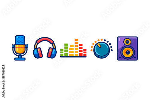 Sound equipment and music elements displayed in bright colors with a microphone, headphones, equalizer, volume knob, and speaker arranged in a row