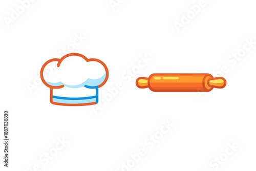 Chef hat and rolling pin are placed side by side for cooking activities in a kitchen setting at any time of the day indicating preparation for baking