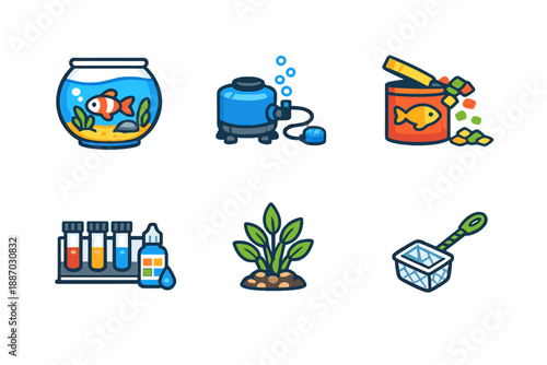 Fish tank setup with equipment and supplies for maintaining a healthy aquatic environment and keeping fish happy in a home setting