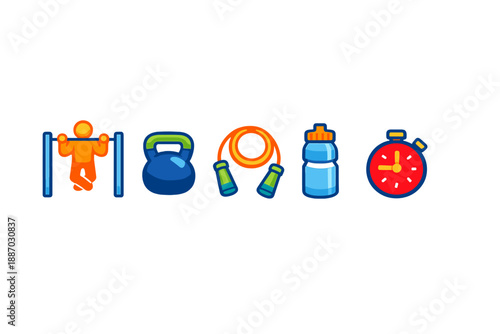 Workout routine with exercise equipment and fitness tools for training at home or gym