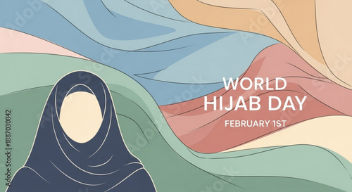 World hijab day illustration with woman wearing hijab on colorful abstract background
