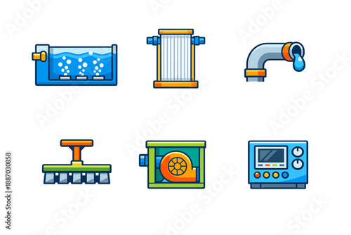 Different tools and equipment used for water management and filtration in various settings including homes and industries