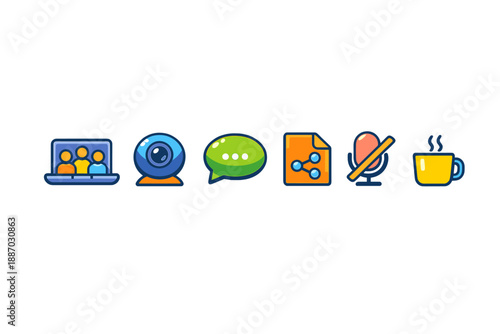 Icons showing communication tools for online meetings and virtual interactions during work hours