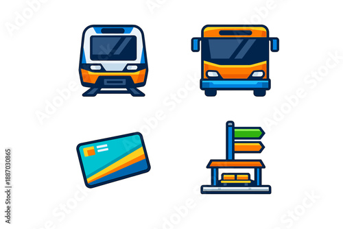 Transportation symbols representing train, bus, ticket, and direction sign on a plain background for travel planning and public transport usage