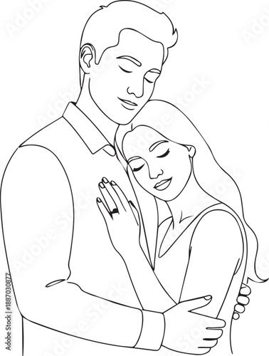 Line art drawing of a romantic couple hugging, man embracing woman after engagement or wedding proposal, minimalist vector illustration.