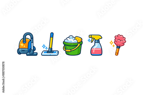 Tools used for cleaning at home including a vacuum, mop, bucket, spray bottle, and duster arranged in a line during the day