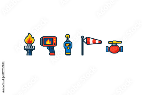 This collection of icons shows various tools and indicators used for measuring temperature, wind direction, and managing systems in a control room setting